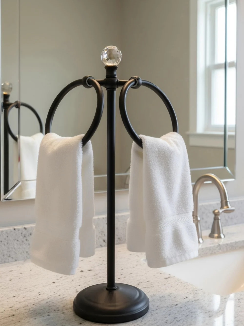 Elegant Oil Rubbed Bronze Hand Towel Holder Stand with Crystal Ball Topper - 13”